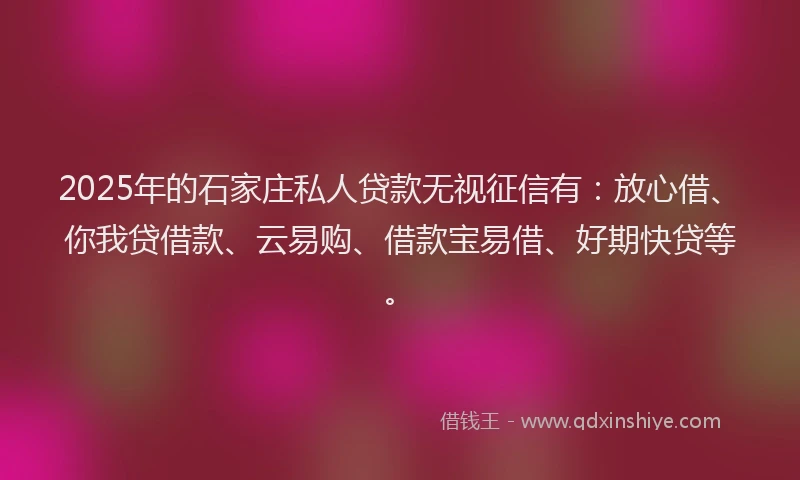 2025年的石家庄私人贷款无视征信有：放心借、你我贷借款、云易购、借款宝易借、好期快贷等。