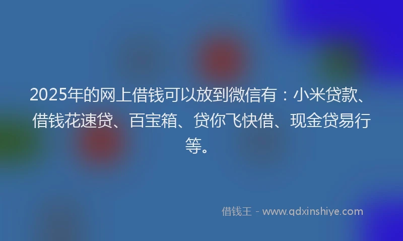 2025年的网上借钱可以放到微信有:小米贷款、借钱花速贷、百宝箱、贷你飞快借、现金贷易行等。