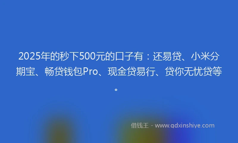 2025年的秒下500元的口子有：还易贷、小米分期宝、畅贷钱包Pro、现金贷易行、贷你无忧贷等。