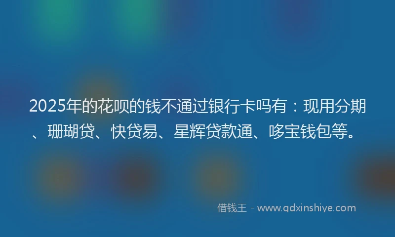 2025年的花呗的钱不通过银行卡吗有：现用分期、珊瑚贷、快贷易、星辉贷款通、哆宝钱包等。