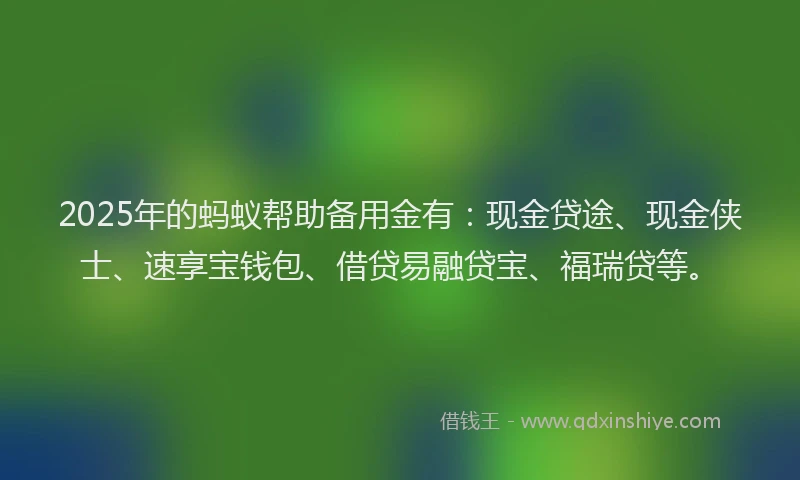 2025年的蚂蚁帮助备用金有：现金贷途、现金侠士、速享宝钱包、借贷易融贷宝、福瑞贷等。