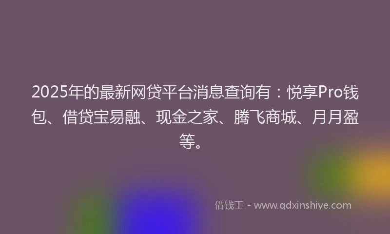 2025年的最新网贷平台消息查询有：悦享Pro钱包、借贷宝易融、现金之家、腾飞商城、月月盈等。