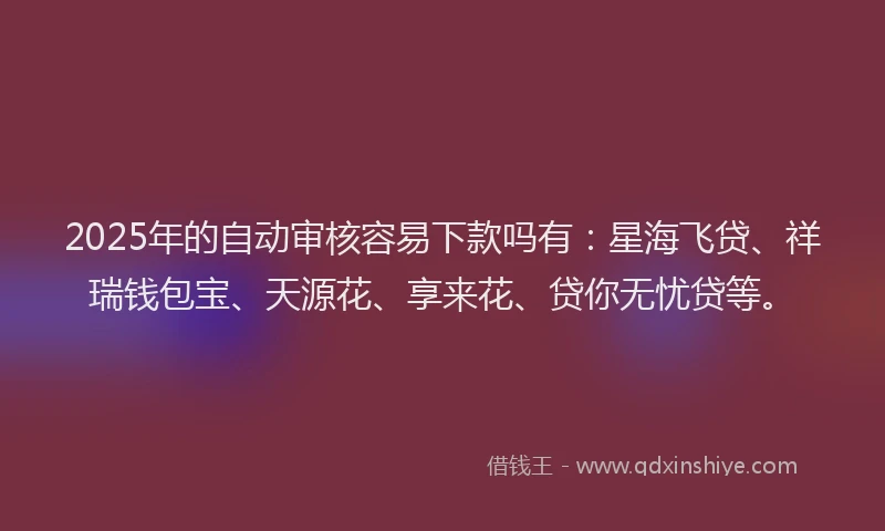 2025年的自动审核容易下款吗有：星海飞贷、祥瑞钱包宝、天源花、享来花、贷你无忧贷等。