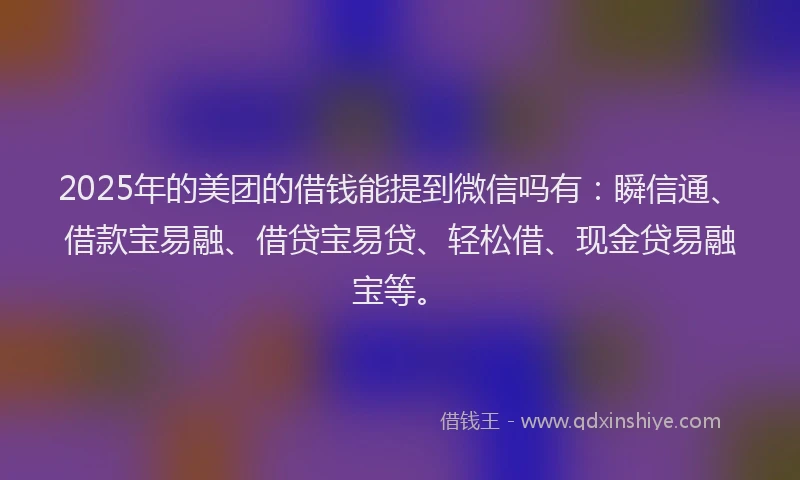2025年的美团的借钱能提到微信吗有：瞬信通、借款宝易融、借贷宝易贷、轻松借、现金贷易融宝等。