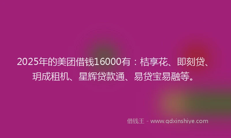2025年的美团借钱16000有：桔享花、即刻贷、玥成租机、星辉贷款通、易贷宝易融等。