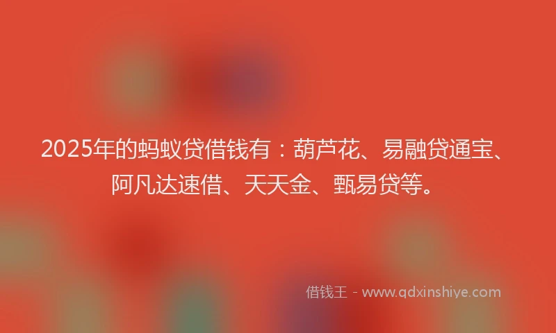 2025年的蚂蚁贷借钱有：葫芦花、易融贷通宝、阿凡达速借、天天金、甄易贷等。
