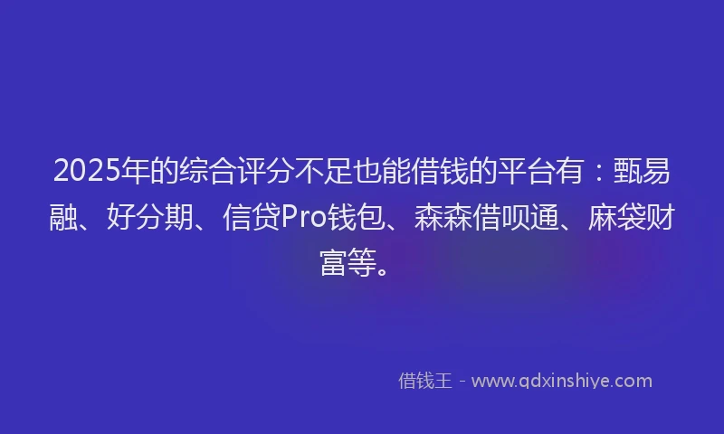 2025年的综合评分不足也能借钱的平台有：甄易融、好分期、信贷Pro钱包、森森借呗通、麻袋财富等。