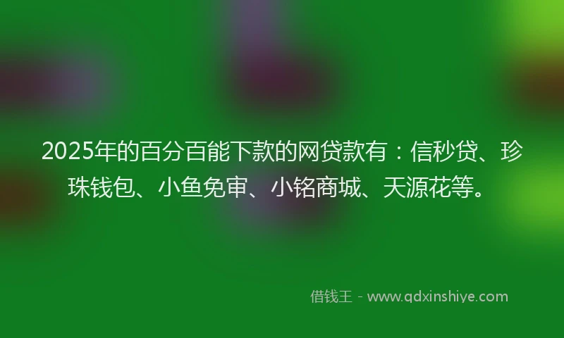 2025年的百分百能下款的网贷款有：信秒贷、珍珠钱包、小鱼免审、小铭商城、天源花等。