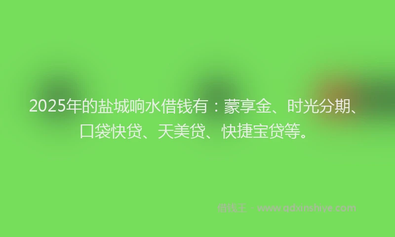 2025年的盐城响水借钱有：蒙享金、时光分期、口袋快贷、天美贷、快捷宝贷等。