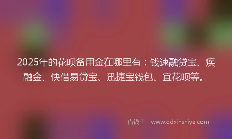 2025年的花呗备用金在哪里有：钱速融贷宝、疾融金、快借易贷宝、迅捷宝钱包、宜花呗等。