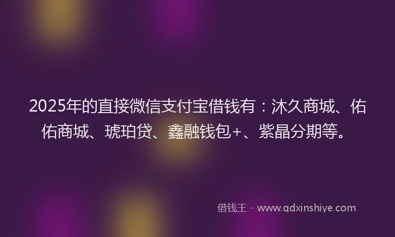 2025年的直接微信支付宝借钱有：沐久商城、佑佑商城、琥珀贷、鑫融钱包+、紫晶分期等。