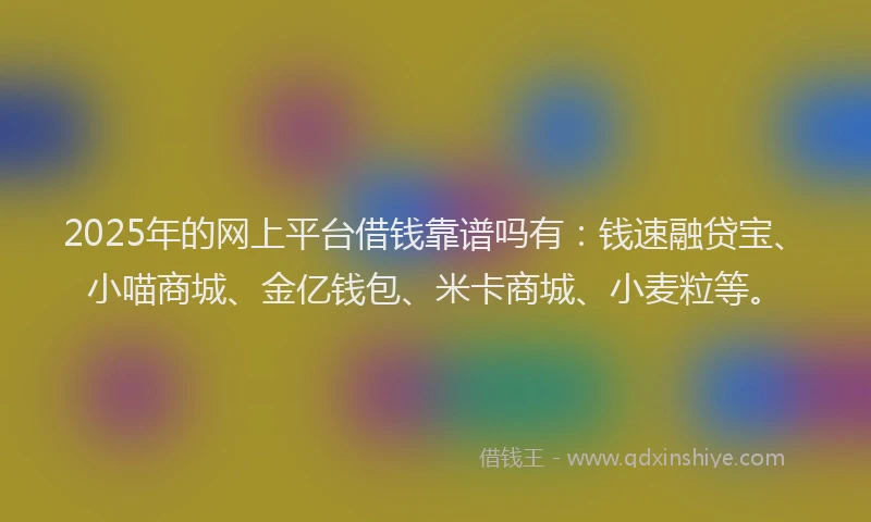 2025年的网上平台借钱靠谱吗有：钱速融贷宝、小喵商城、金亿钱包、米卡商城、小麦粒等。