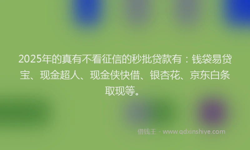 2025年的真有不看征信的秒批贷款有：钱袋易贷宝、现金超人、现金侠快借、银杏花、京东白条取现等。