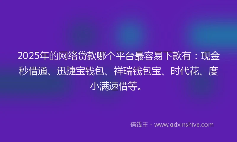 2025年的网络贷款哪个平台最容易下款有：现金秒借通、迅捷宝钱包、祥瑞钱包宝、时代花、度小满速借等。