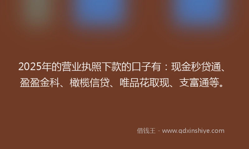 2025年的营业执照下款的口子有：现金秒贷通、盈盈金科、橄榄信贷、唯品花取现、支富通等。