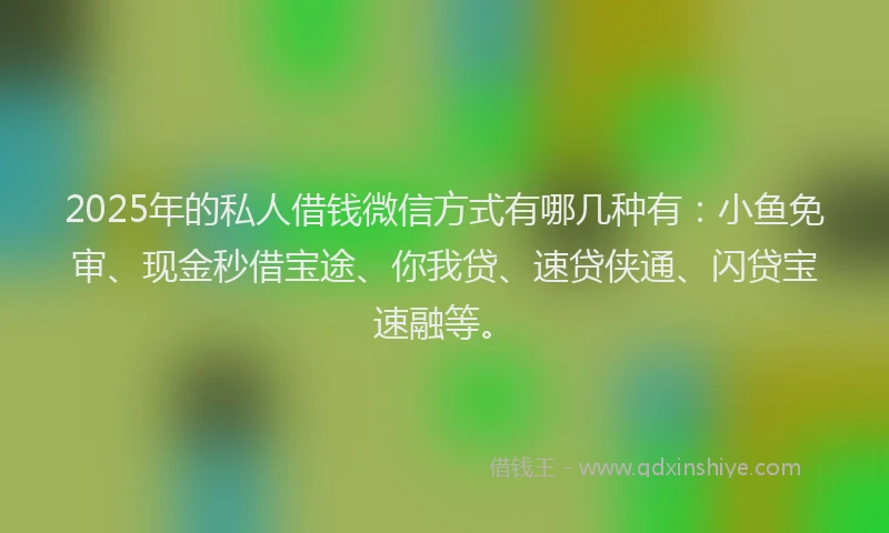 2025年的私人借钱微信方式有哪几种有：小鱼免审、现金秒借宝途、你我贷、速贷侠通、闪贷宝速融等。