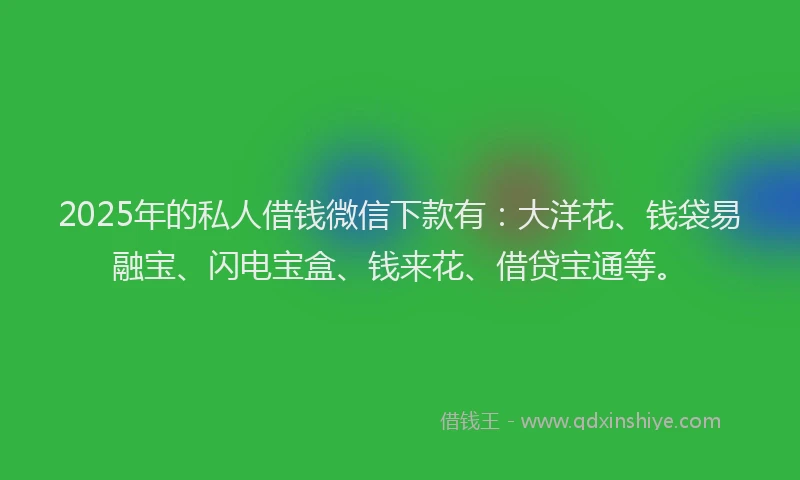 2025年的私人借钱微信下款有：大洋花、钱袋易融宝、闪电宝盒、钱来花、借贷宝通等。