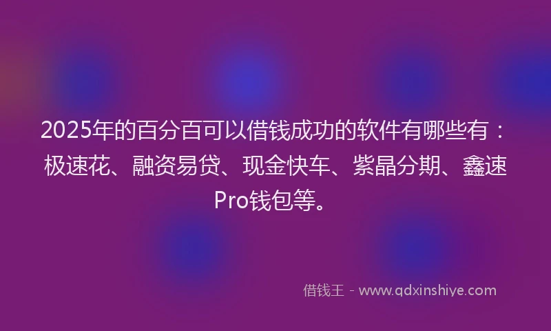 2025年的百分百可以借钱成功的软件有哪些有：极速花、融资易贷、现金快车、紫晶分期、鑫速Pro钱包等。