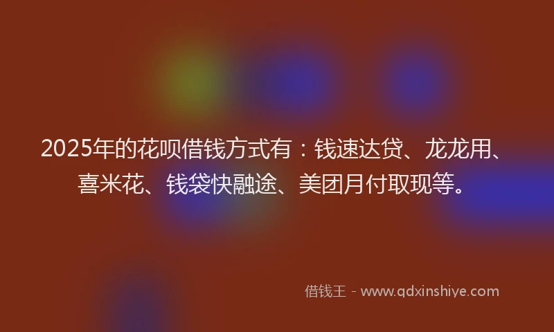 2025年的花呗借钱方式有：钱速达贷、龙龙用、喜米花、钱袋快融途、美团月付取现等。