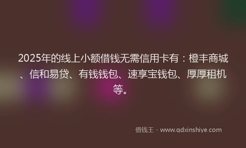 2025年的线上小额借钱无需信用卡有：橙丰商城、信和易贷、有钱钱包、速享宝钱包、厚厚租机等。