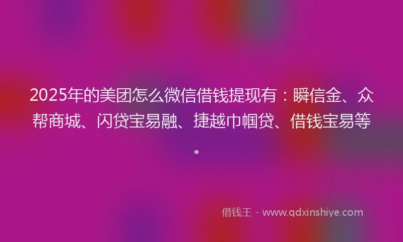 2025年的美团怎么微信借钱提现有:瞬信金、众帮商城、闪贷宝易融、捷越巾帼贷、借钱宝易等。