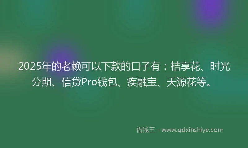 2025年的老赖可以下款的口子有：桔享花、时光分期、信贷Pro钱包、疾融宝、天源花等。
