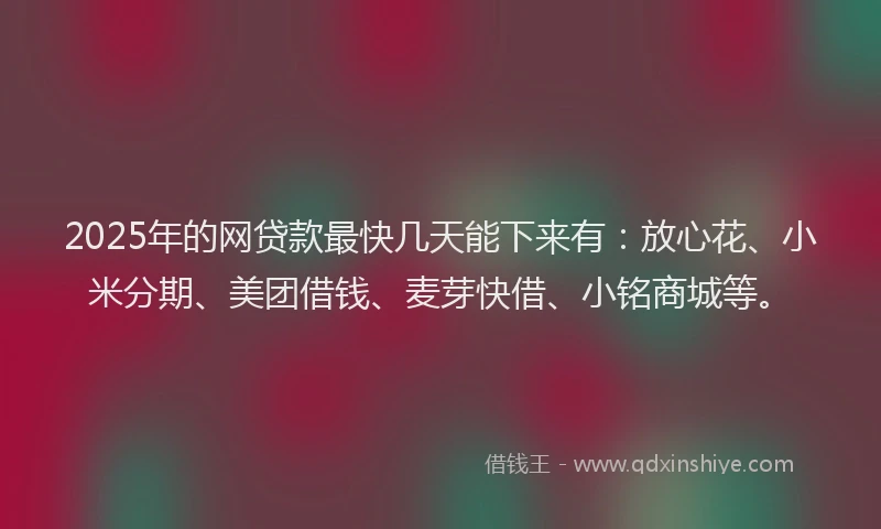2025年的网贷款最快几天能下来有：放心花、小米分期、美团借钱、麦芽快借、小铭商城等。