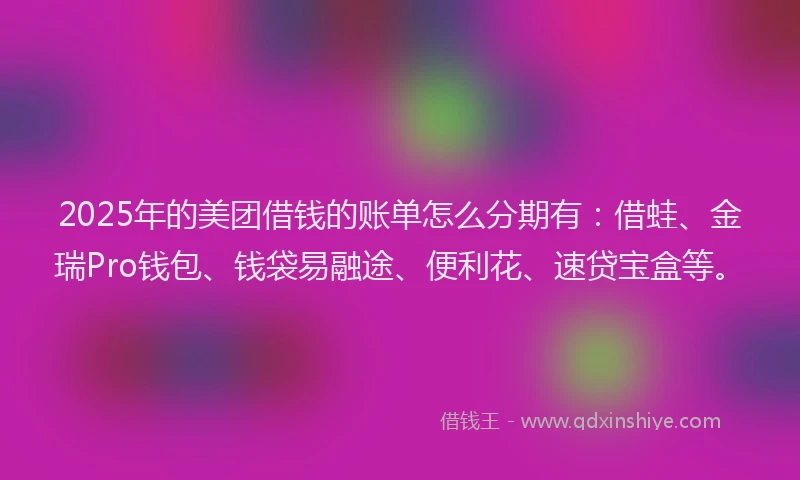 2025年的美团借钱的账单怎么分期有：借蛙、金瑞Pro钱包、钱袋易融途、便利花、速贷宝盒等。