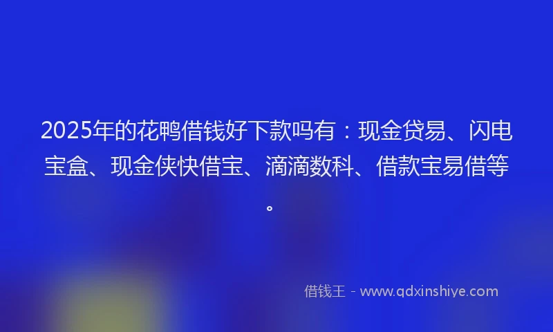 2025年的花鸭借钱好下款吗有：现金贷易、闪电宝盒、现金侠快借宝、滴滴数科、借款宝易借等。