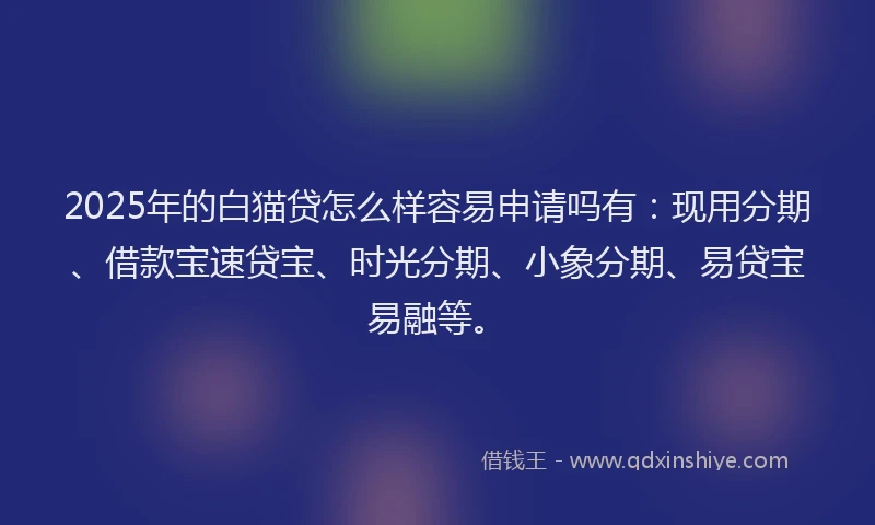 2025年的白猫贷怎么样容易申请吗有：现用分期、借款宝速贷宝、时光分期、小象分期、易贷宝易融等。