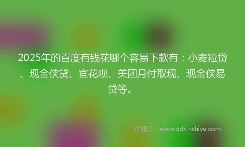 2025年的百度有钱花哪个容易下款有：小麦粒贷、现金侠贷、宜花呗、美团月付取现、现金侠易贷等。