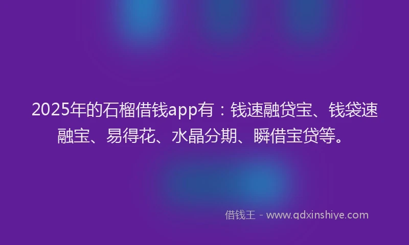 2025年的石榴借钱app有：钱速融贷宝、钱袋速融宝、易得花、水晶分期、瞬借宝贷等。