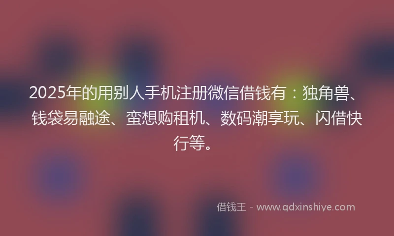 2025年的用别人手机注册微信借钱有：独角兽、钱袋易融途、蛮想购租机、数码潮享玩、闪借快行等。