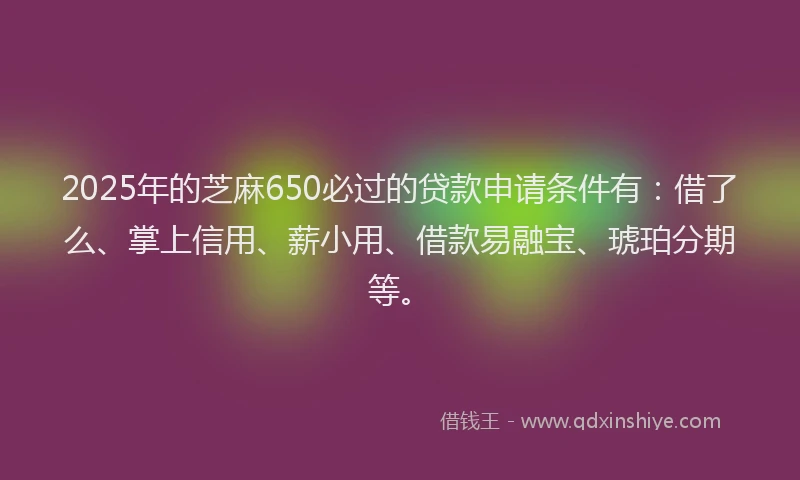 2025年的芝麻650必过的贷款申请条件有：借了么、掌上信用、薪小用、借款易融宝、琥珀分期等。