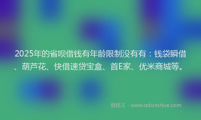 2025年的省呗借钱有年龄限制没有有：钱袋瞬借、葫芦花、快借速贷宝盒、首E家、优米商城等。