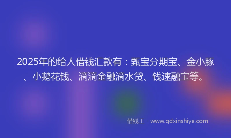 2025年的给人借钱汇款有：甄宝分期宝、金小豚、小鹅花钱、滴滴金融滴水贷、钱速融宝等。
