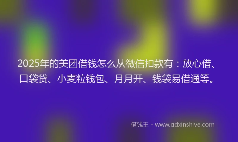 2025年的美团借钱怎么从微信扣款有：放心借、口袋贷、小麦粒钱包、月月开、钱袋易借通等。