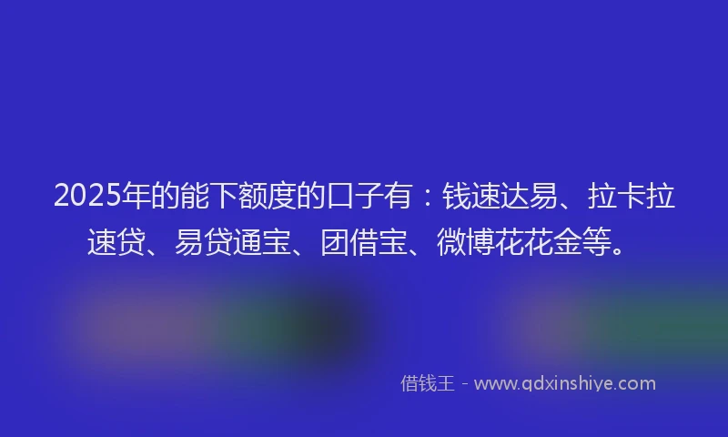 2025年的能下额度的口子有：钱速达易、拉卡拉速贷、易贷通宝、团借宝、微博花花金等。
