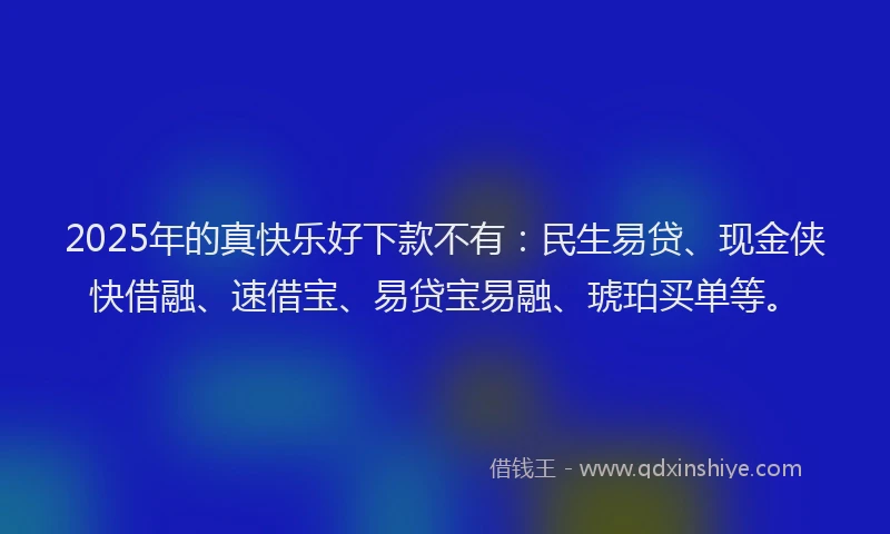 2025年的真快乐好下款不有：民生易贷、现金侠快借融、速借宝、易贷宝易融、琥珀买单等。