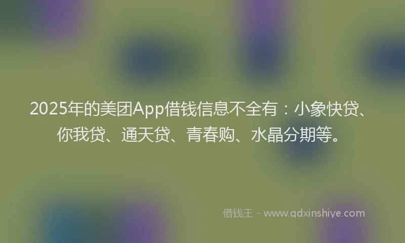 2025年的美团App借钱信息不全有：小象快贷、你我贷、通天贷、青春购、水晶分期等。