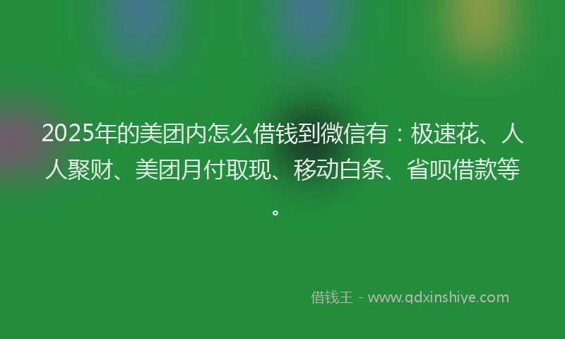 2025年的美团内怎么借钱到微信有：极速花、人人聚财、美团月付取现、移动白条、省呗借款等。