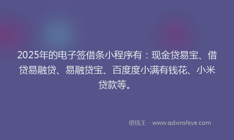 2025年的电子签借条小程序有：现金贷易宝、借贷易融贷、易融贷宝、百度度小满有钱花、小米贷款等。