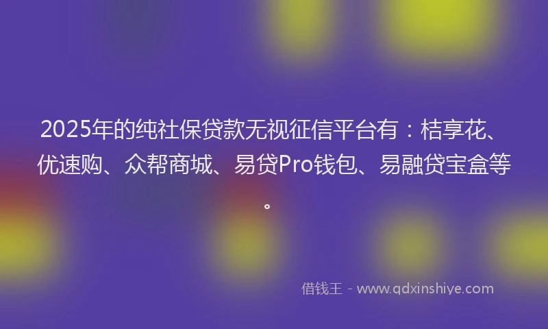 2025年的纯社保贷款无视征信平台有：桔享花、优速购、众帮商城、易贷Pro钱包、易融贷宝盒等。