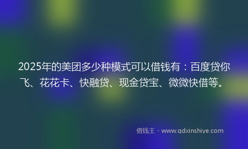 2025年的美团多少种模式可以借钱有：百度贷你飞、花花卡、快融贷、现金贷宝、微微快借等。