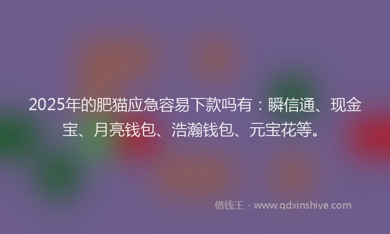 2025年的肥猫应急容易下款吗有：瞬信通、现金宝、月亮钱包、浩瀚钱包、元宝花等。