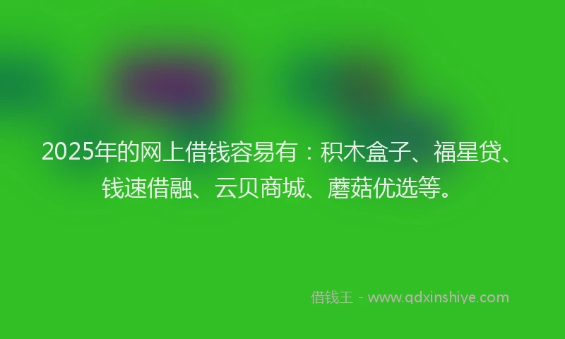 2025年的网上借钱容易有：积木盒子、福星贷、钱速借融、云贝商城、蘑菇优选等。