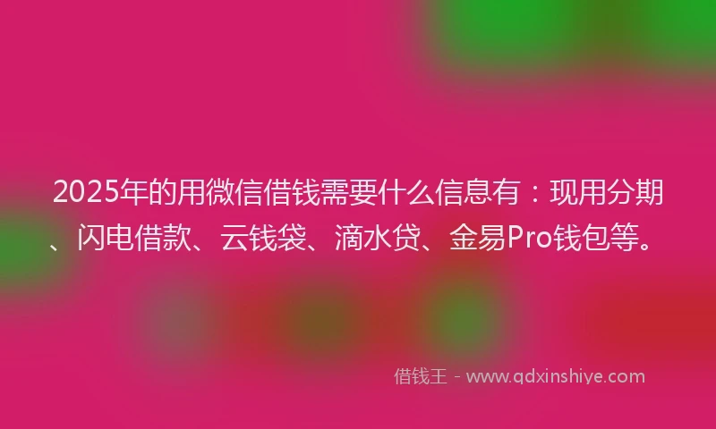 2025年的用微信借钱需要什么信息有：现用分期、闪电借款、云钱袋、滴水贷、金易Pro钱包等。