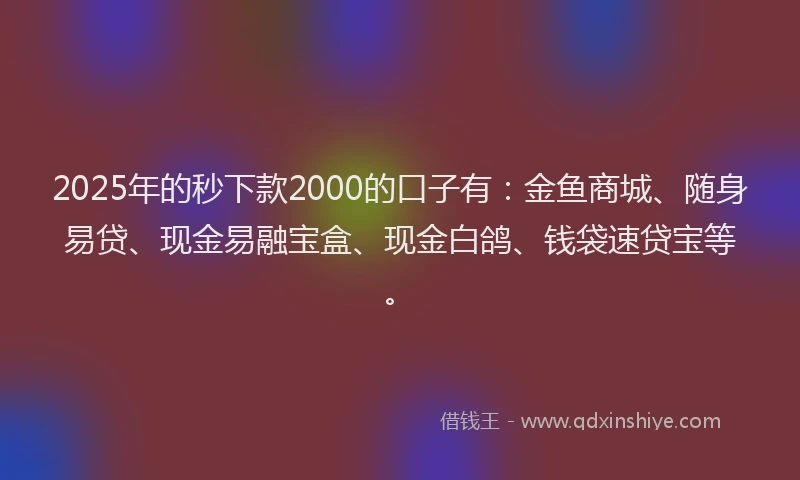 2025年的秒下款2000的口子有：金鱼商城、随身易贷、现金易融宝盒、现金白鸽、钱袋速贷宝等。