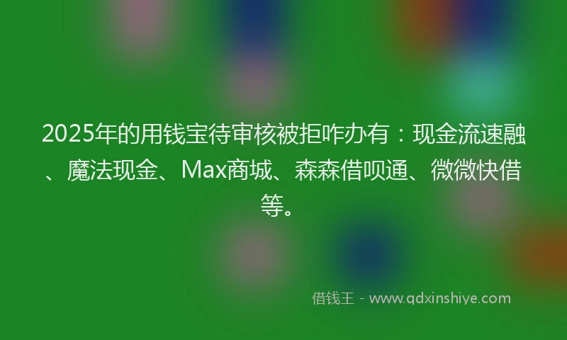 2025年的用钱宝待审核被拒咋办有：现金流速融、魔法现金、Max商城、森森借呗通、微微快借等。