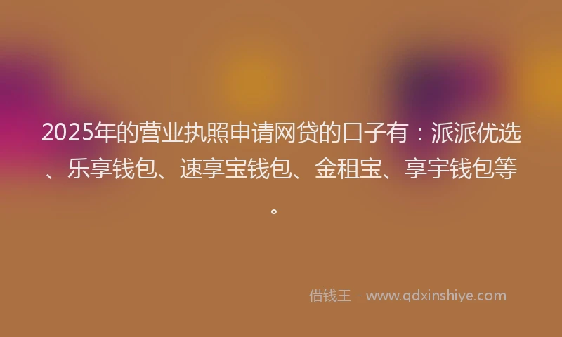 2025年的营业执照申请网贷的口子有：派派优选、乐享钱包、速享宝钱包、金租宝、享宇钱包等。